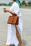 White Casual Solid Color Buckle High Slit Slit Turndown Collar Shirt Dresses