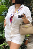 White Casual Solid Color Buckle Turndown Collar Short Sleeve Two Pieces
