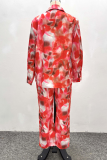 Red Casual Print Buckle Turndown Collar Long Sleeve Two Pieces