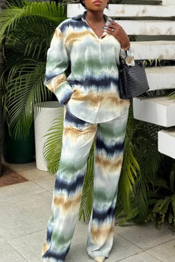 Multicolor Casual Stripe Buckle Turndown Collar Long Sleeve Two Pieces