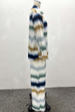 Multicolor Casual Stripe Buckle Turndown Collar Long Sleeve Two Pieces
