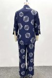 Tibetan Blue Casual Print Buckle Turndown Collar Long Sleeve Two Pieces