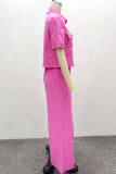 Pink Casual Solid Color Pocket Turndown Collar Half Sleeve Two Pieces