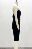Black Sexy Buckle Contrast Turndown Collar Sleeveless Two Pieces