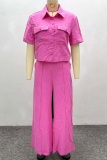 Pink Casual Solid Color Pocket Turndown Collar Half Sleeve Two Pieces