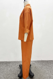 Tangerine Casual Solid Color Buckle Turndown Collar Short Sleeve Two Pieces