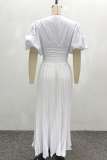 White Elegant Solid Color Cross Straps V Neck Long Dresses