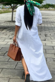 White Casual Solid Color Buckle High Slit Slit Turndown Collar Shirt Dresses