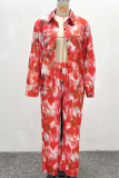 Red Casual Print Buckle Turndown Collar Long Sleeve Two Pieces