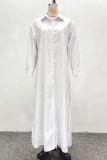 White Casual Solid Color Buckle High Slit Slit Turndown Collar Shirt Dresses