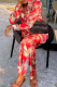 Red Casual Print Buckle Turndown Collar Long Sleeve Two Pieces