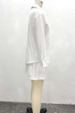White Casual Solid Color Buckle Turndown Collar Short Sleeve Two Pieces