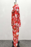 Red Casual Print Buckle Turndown Collar Long Sleeve Two Pieces