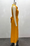 Yellow Elegant Solid Color Buckle Slit Turndown Collar Long Dresses