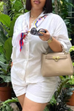 White Casual Solid Color Buckle Turndown Collar Short Sleeve Two Pieces