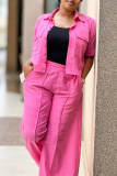 Pink Casual Solid Color Pocket Turndown Collar Half Sleeve Two Pieces