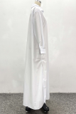 White Casual Solid Color Buckle High Slit Slit Turndown Collar Shirt Dresses