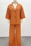 Tangerine Casual Solid Color Buckle Turndown Collar Short Sleeve Two Pieces
