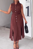 Yellow Elegant Solid Color Buckle Slit Turndown Collar Long Dresses