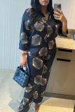Tibetan Blue Casual Print Buckle Turndown Collar Long Sleeve Two Pieces