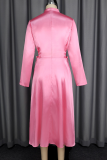Pink Elegant Solid Color Bow Decor V Neck Long Dresses