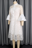 White Elegant Solid Color Buckle O Neck Long Dresses