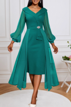 Lake Green Elegant Solid Color Mesh V Neck Long Dresses