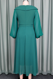 Lake Green Elegant Solid Color Mesh V Neck Long Dresses