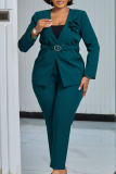 Malachite Green Casual Solid Color With Belt Flower Shape Deep V Neck Long Sleeve Two Pieces