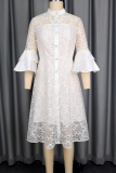 White Elegant Solid Color Buckle O Neck Long Dresses