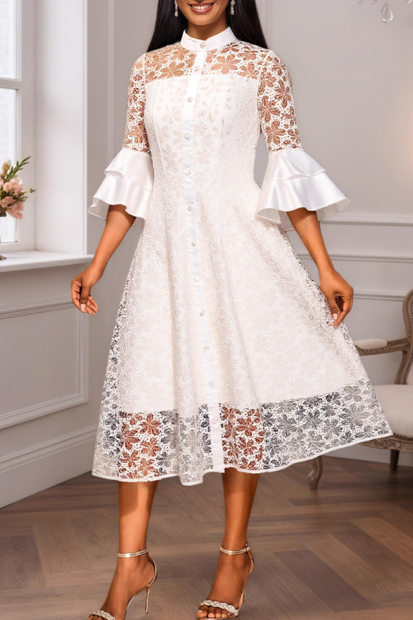 White Elegant Solid Color Buckle O Neck Long Dresses