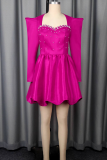 Rose Red Party Solid Color Pearls Decor Square Neck Ball Gown Dresses