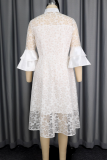 White Elegant Solid Color Buckle O Neck Long Dresses