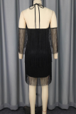 Black Sexy Solid Color Fringed Trim Backless Halter Wrapped Skirt Dresses