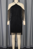 Black Sexy Solid Color Fringed Trim Backless Halter Wrapped Skirt Dresses