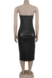 Burgundy Sexy Solid Color Patchwork Strapless Wrapped Skirt Dresses
