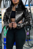 Black Casual Solid Color Zipper Zipper Collar Outerwear
