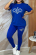 Blue Casual Daily Letters O Neck Short Sleeve Two Pieces
