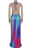 Colour Sexy Print Backless Halter Long Dresses