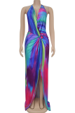 Colour Sexy Print Backless Halter Long Dresses