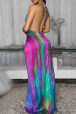 Colour Sexy Print Backless Halter Long Dresses