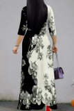 Black And White Casual Print Strap Design V Neck Long Plus Size Dresses