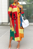 Orange Casual Print Buckle Shirt Collar Shirt Dresses