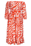 Red Elegant Print Contrast Off Shoulder A Line Plus Size Two Pieces