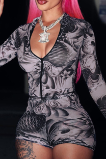 Black Sexy Print Zipper Zipper Collar Long Sleeve Two Pieces