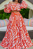 Red Elegant Print Contrast Off Shoulder A Line Plus Size Two Pieces