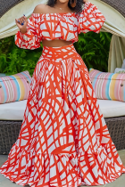 Red Elegant Print Contrast Off Shoulder A Line Plus Size Two Pieces