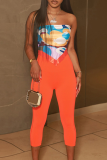 Orange Sexy Print Patchwork Strapless Sleeveless Two Pieces