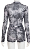 Black Sexy Print Zipper Zipper Collar Long Sleeve Two Pieces