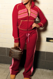 Red Casual Zipper Contrast Zipper Collar Long Sleeve Two Pieces
